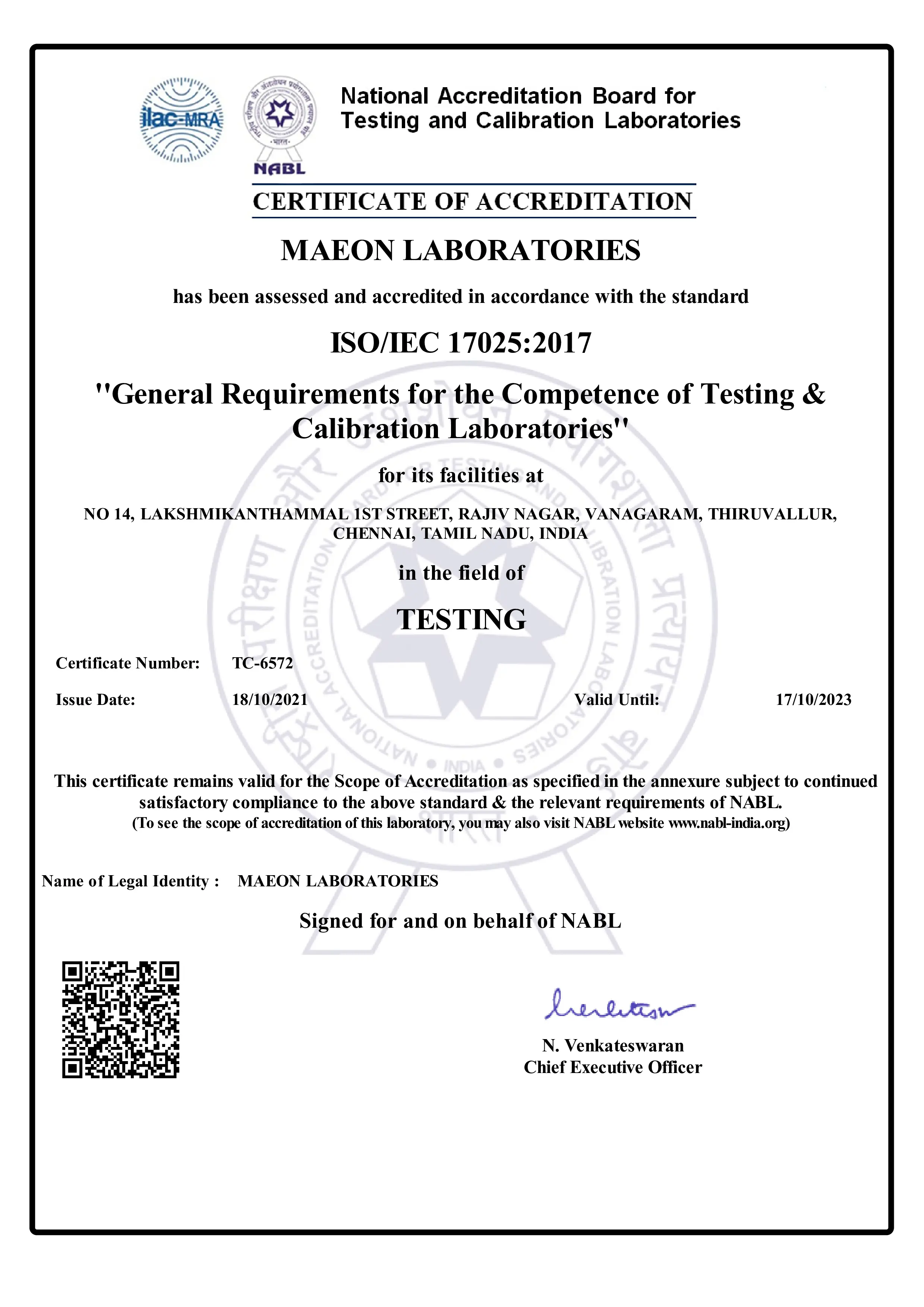 Maeon ISO17025 Laboratory Certificate